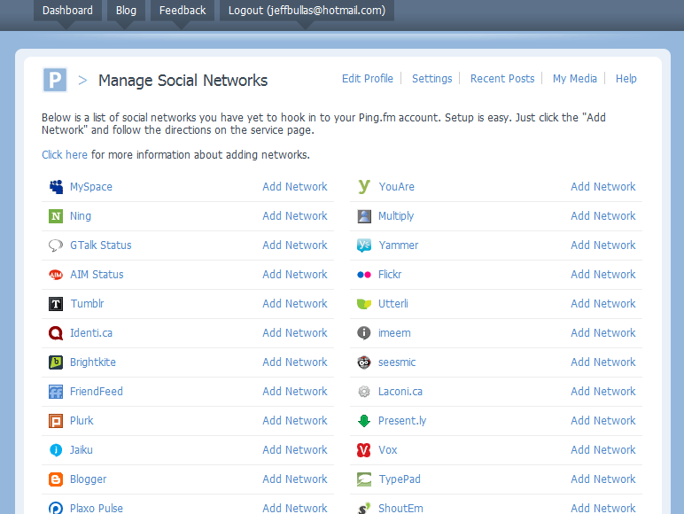 Ping.fm social media networks list
