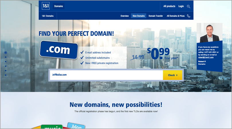 1&1 domain search screenshot for choosing the perfect name for your blog