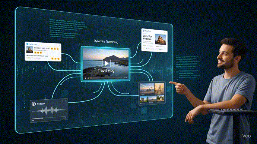 A man pointing to a futuristic AI interface that automatically repurposes a travel video into a blog post, social media update, and podcast.