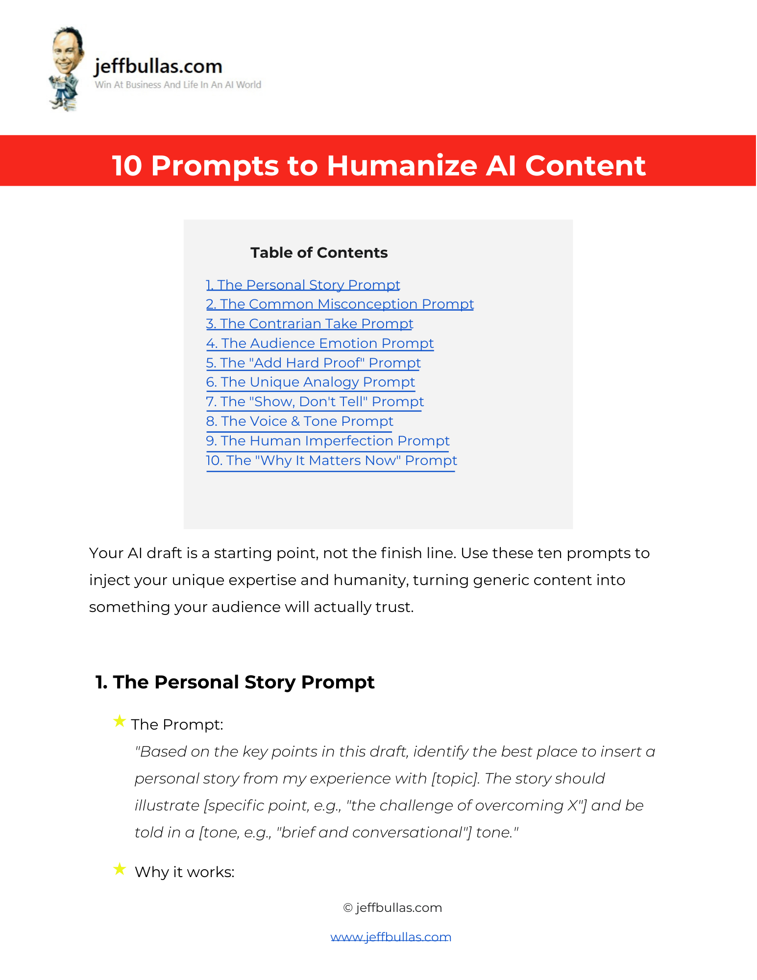 Screenshot of the 10 Prompts to Humanize AI Content