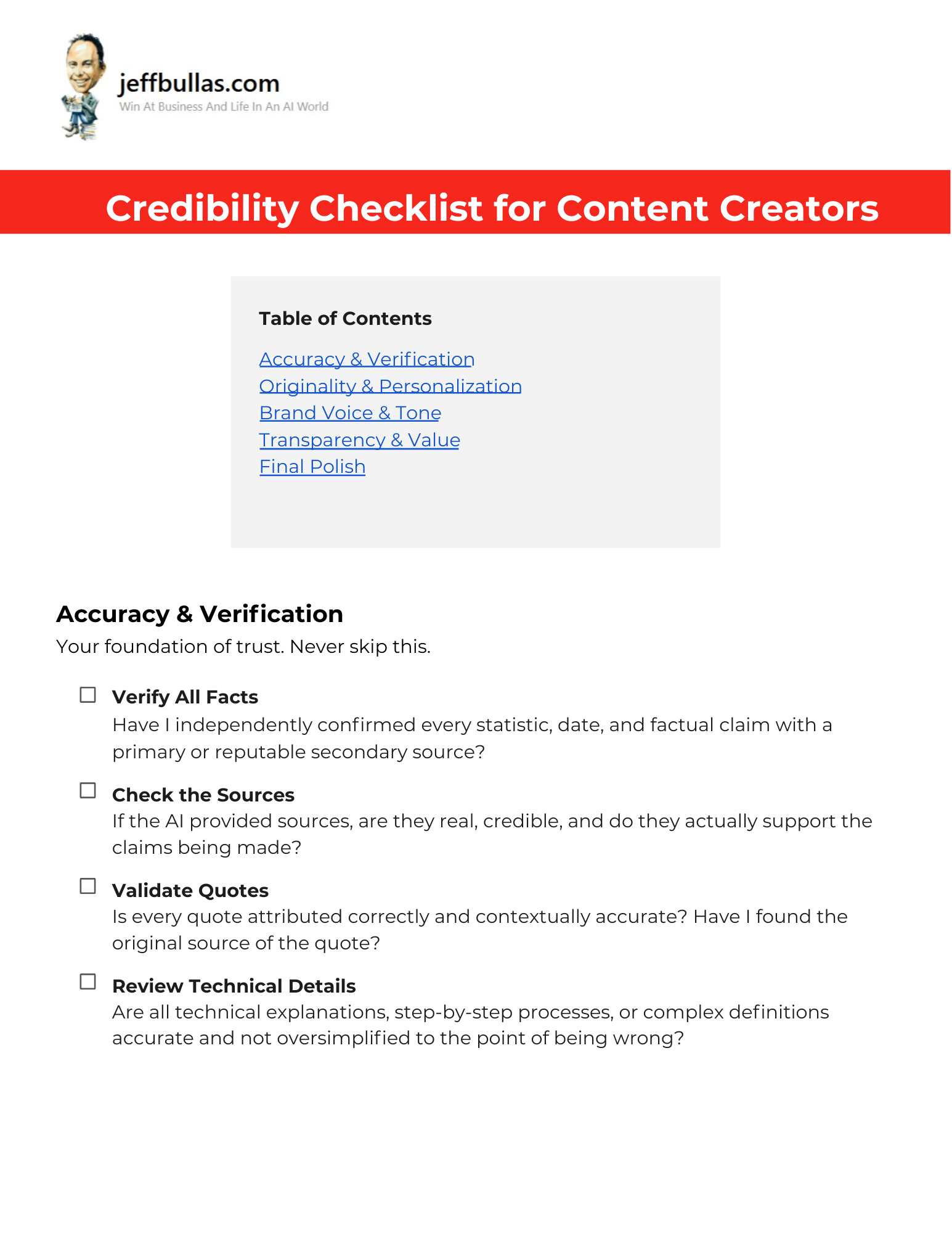 Screenshot of the document: Credibility Checklist for Content Creators