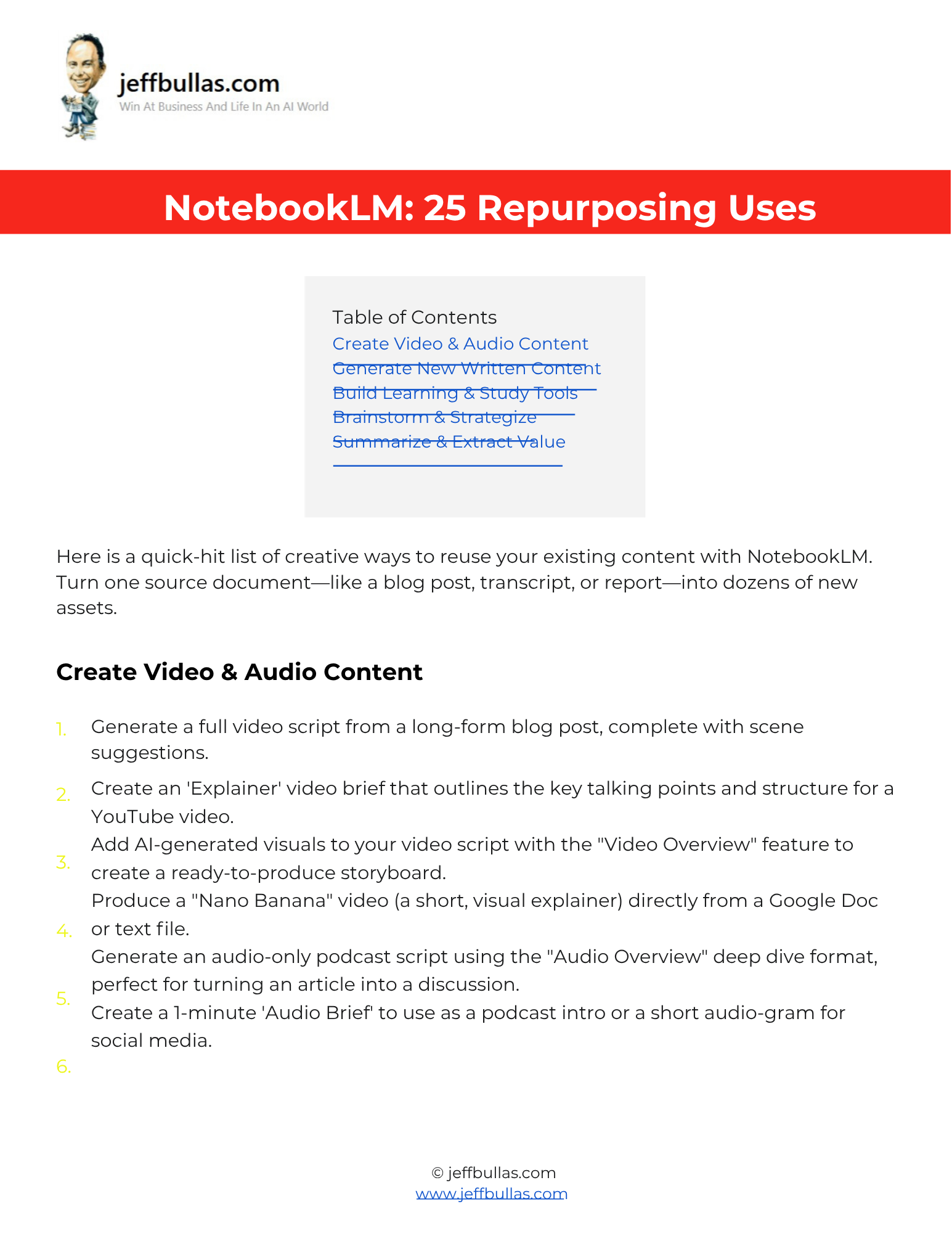 Screenshot of NotebookLM: 25 Repurposing Uses